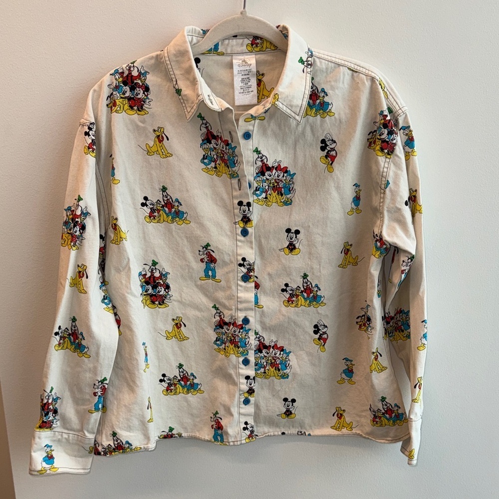Disney Cream Cartoon Character Mickey Goofy Donald Duck Button Down Shirt